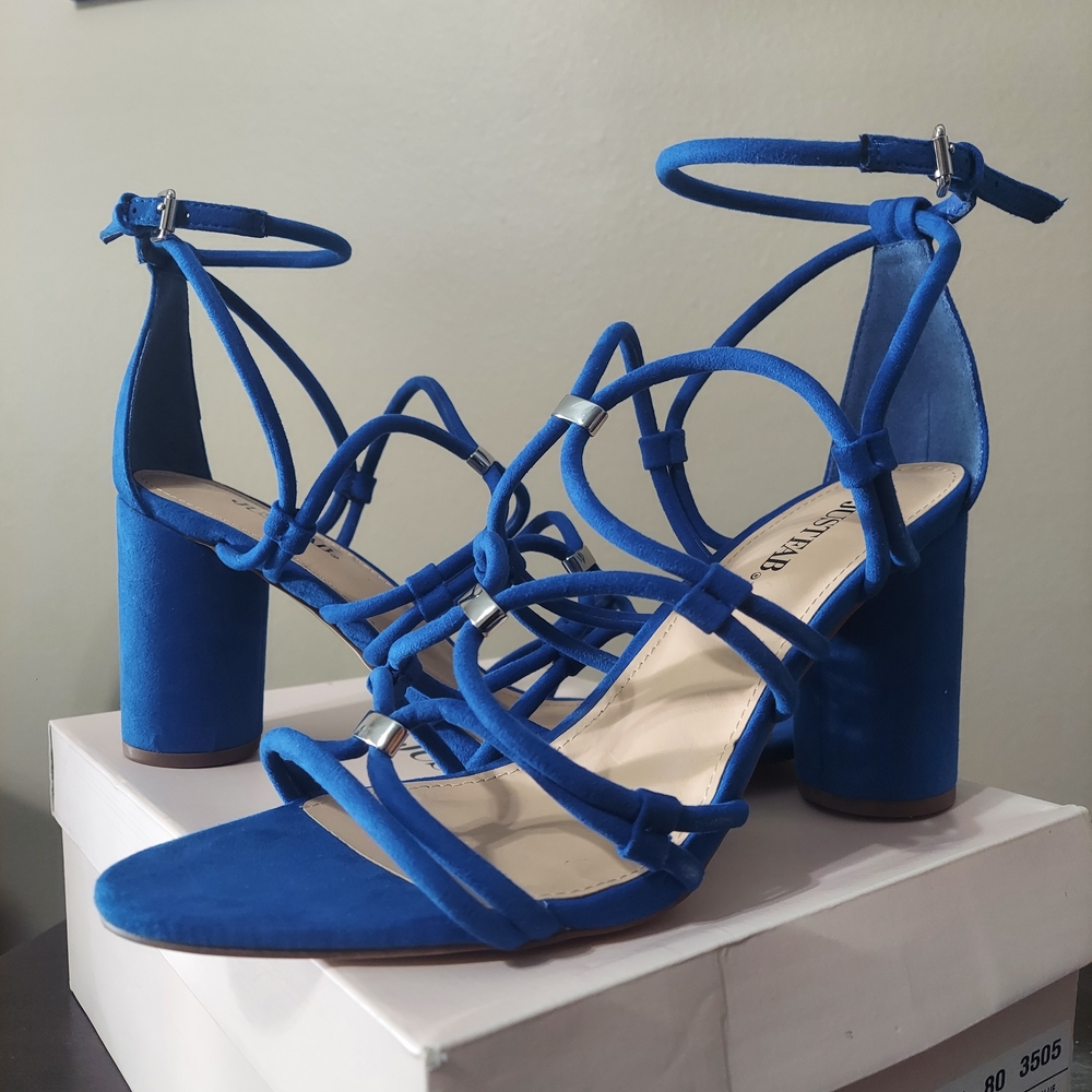 JustFab Blue Strappy Heels with Block Heel